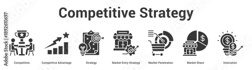Competitive Strategy web banner icon set vector illustration concept for business with icon of Competition, Competitive Advantage, Strategy, Market Entry Strategy, Market Penetration, Mar.