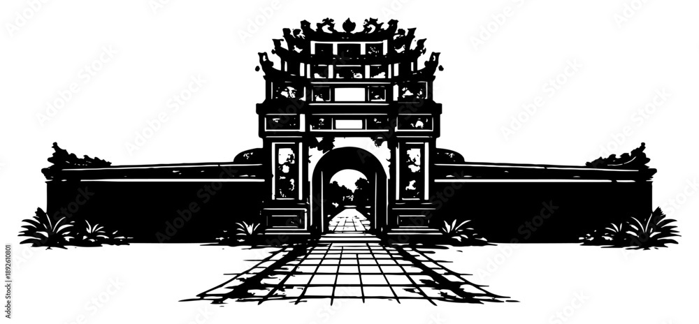 Obraz premium Front view of ancient asian citadel gate with tiled pathway entrance