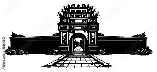Front view of ancient asian citadel gate with tiled pathway entrance