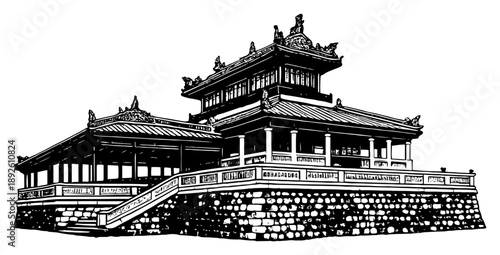 Detailed illustration of traditional asian imperial palace building on stone base