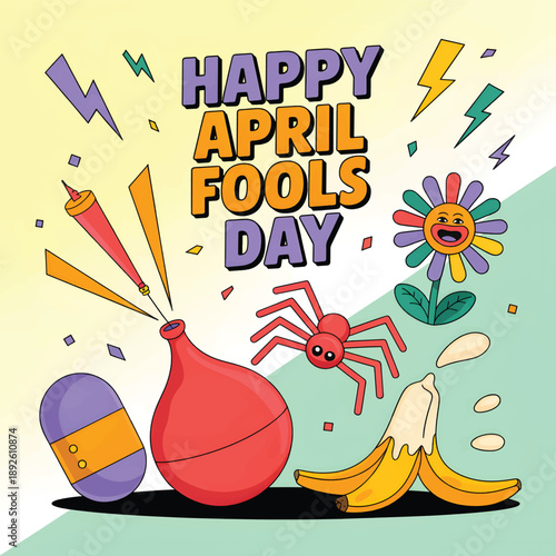Happy April Fool's Day with colorful pranks and cartoon characters celebration