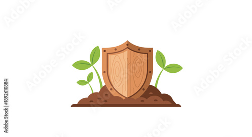 Wooden Shield Symbol Protecting Young Green Sprouts Growing Out of Dark Rich Soil Representing Natural Security.