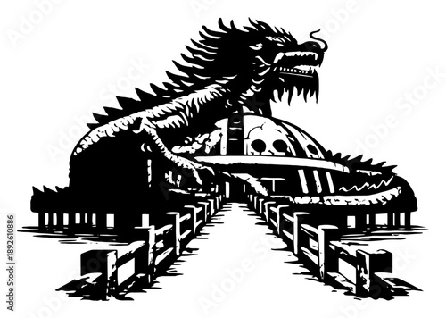 Majestic dragon statue coiled around dome structure with bridge approach