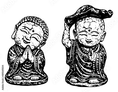 Cute stone baby monk statues praying and smiling in sketch style