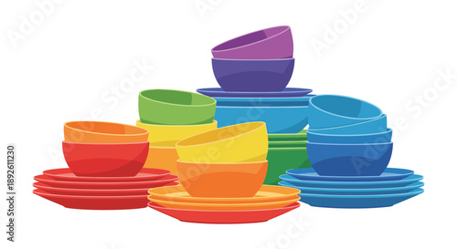 Colorful Stacked Plastic Bowls and Plates Organized Collection on a Clean White Background Vibrant Kitchenware Set