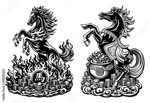 Two rearing horses with money bags and coins symbolizing wealth