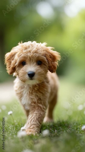 Adorable little cockapoo puppy with fluffy apricot fur walking on the lush green grass of a park, looking directly into the camera with curiosity and innocence on a sunny summer day