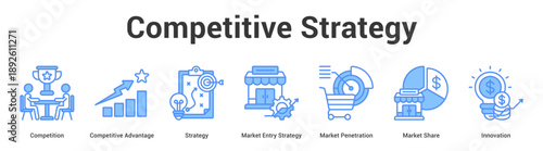 Competitive Strategy web banner icon set vector illustration concept for business with icon of Competition, Competitive Advantage, Strategy, Market Entry Strategy, Market Penetration, Mar.