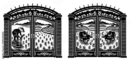 Set of decorative gate designs featuring rural farming scenes with buffalo and rice planter