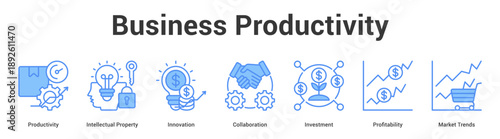 Business Productivity web banner icon set vector illustration concept for business with icon of Productivity, Intellectual Property, Innovation, Collaboration, Investment, Profitabili.
