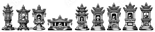 Set of traditional asian stone lanterns and miniature garden pagodas