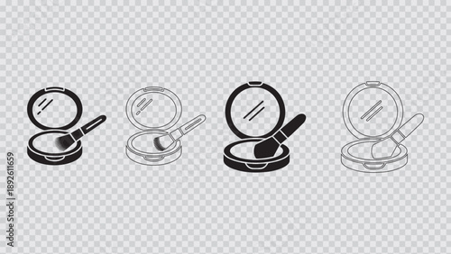 Open round makeup compact case with mirror and angled cosmetic brush lying across the powder simple silhouette vector icon graphic