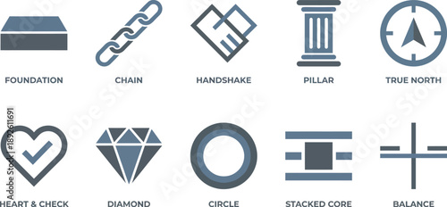 Abstract integrity concepts collection with foundation chain handshake pillar compass in slate grey blue for solid reliable branding design