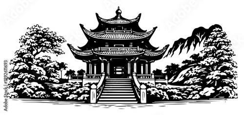 Traditional asian temple pagoda landscape with stairs and trees