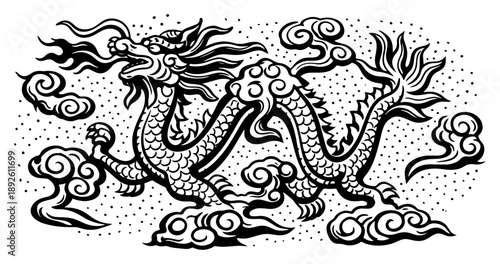 Black and white traditional Chinese dragon flying among stylized clouds