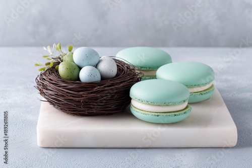 Wallpaper Mural Easter eggs in nest with green macarons on marble Torontodigital.ca