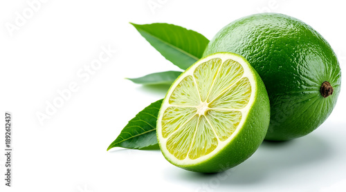 Green lime fruit with leaves and half cut slice showing juicy interior, fresh citrus with vibrant color and natural texture © Mini Minami