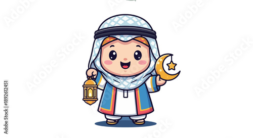 A smiling cartoon child in traditional attire holding a lantern and crescent moon, celebrating a festive night, in a simple illustration style, from a front viewpoint