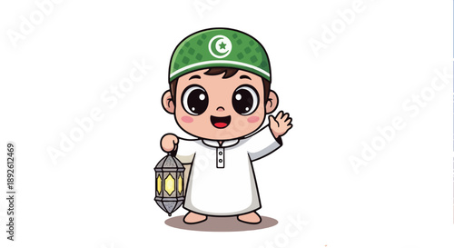 A young boy in traditional attire holding a lantern and waving, standing isolated on a plain surface, depicted in a cartoon style illustration