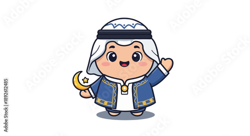 A cartoon character dressed in traditional attire stands smiling while holding a golden crescent moon