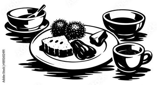 Monochrome vector illustration of traditional vietnamese meal with tropical fruits and soup