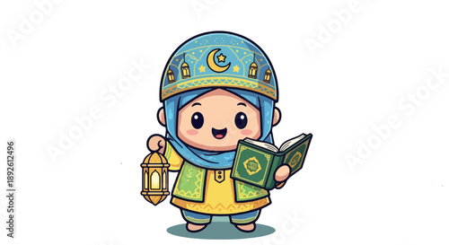 A cartoon child in traditional attire holding a lantern and book in a serene environment with religious symbols