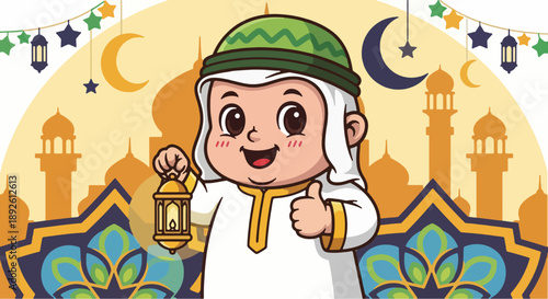 A smiling cartoon boy in traditional attire holding a lantern during a festive celebration at dusk with mosques visible
