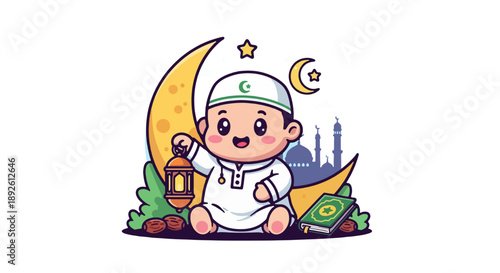 A smiling baby boy in white attire sitting on a crescent moon surrounded by city skyline and stars at dusk with lantern nearby, 49.eps reference for illustration