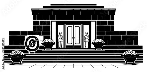 Vector silhouette of the Ho Chi Minh Mausoleum with honor guards in Hanoi