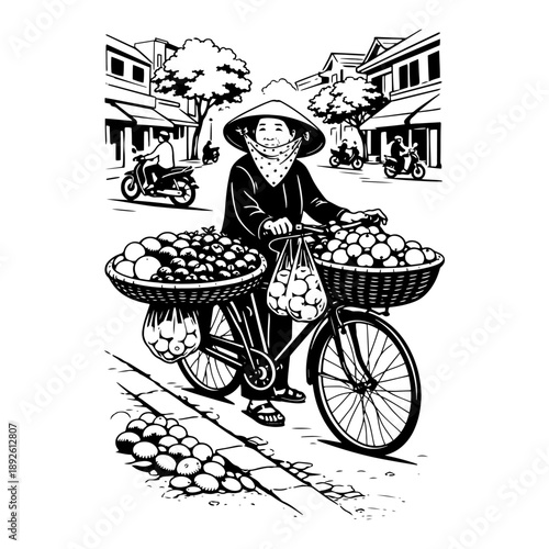 Street vendor riding a bicycle with baskets of fruit in a busy Vietnamese city street