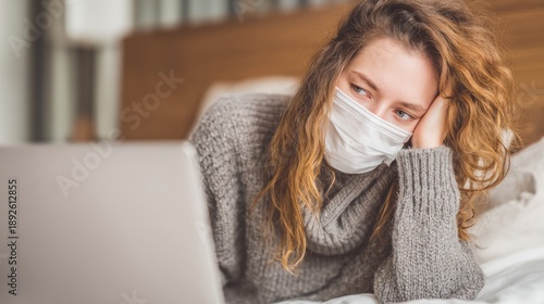 Woman sitting on bed with laptop wearing mask looking thoughtful during health crisis at home