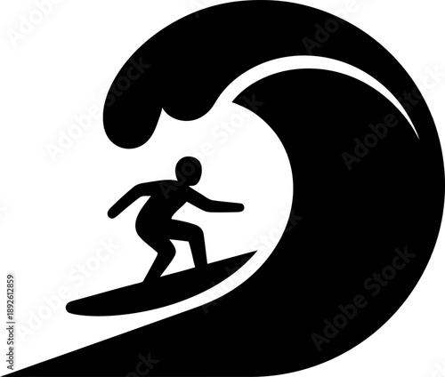 Man surfing on big ocean wave with surfboard. Extreme water sport activity. Silhouette vector illustration for print, logo, icon, symbol