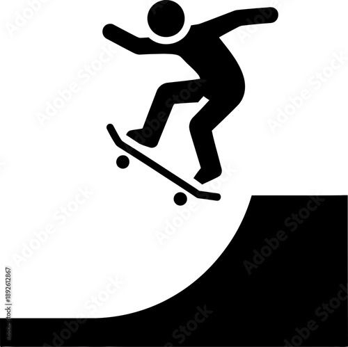 Man skateboarding with an ollie trick on a ramp. Active street sport concept. Black and white vector icon for app or website element