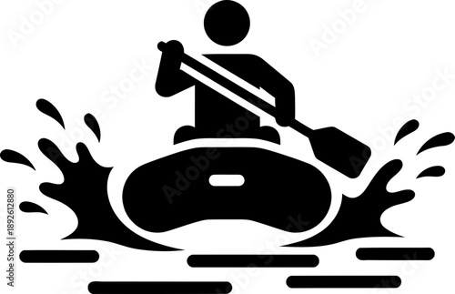 Simple black icon of a person kayaking or rafting with paddle and water splashes. Sport activity and adventure concept. Vector illustration