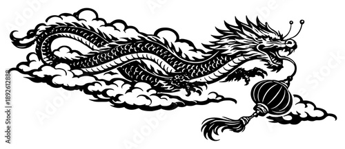 Majestic asian dragon flying through clouds holding a traditional lantern