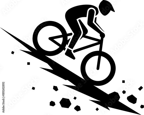 Mountain biker man riding bicycle downhill with flying dirt. Abstract extreme sport concept. Vector illustration or icon