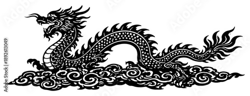 Majestic asian dragon silhouette swimming over stylized ocean waves in black and white