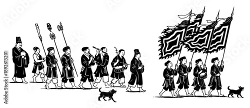 Traditional Vietnamese festival procession with people carrying flags and musical instruments