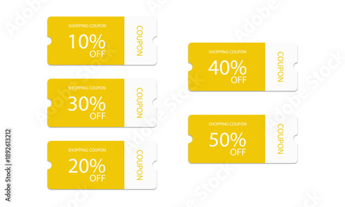Set of discount coupons for 10%, 20%, 30%, 40%, 50% on a light background.