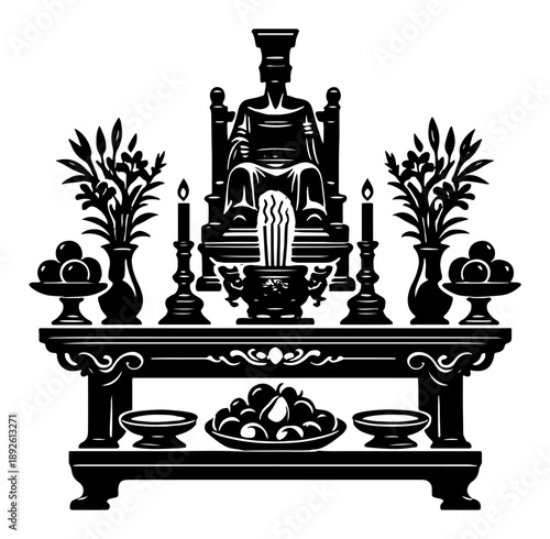 Traditional Vietnamese ancestor altar with offerings and statue silhouette