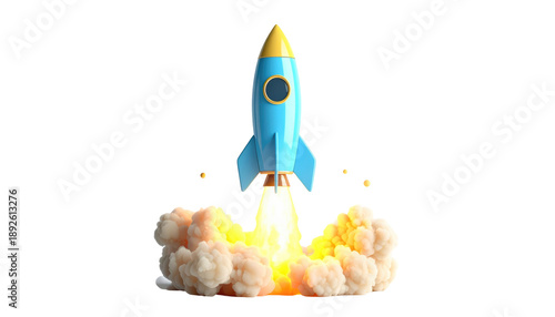 A vibrant rocket ship ascends, launching with fiery exhaust and a cloud of smoke against a stark black background