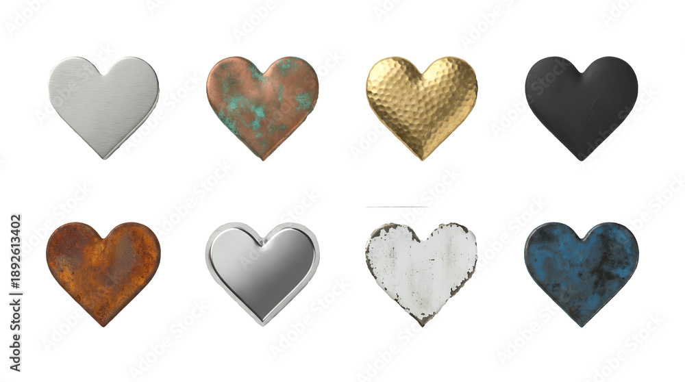 Fototapeta premium Heart shape metal symbols set including chrome, copper, gold, matte black, rusty, silver, worn white, and blue steel variants isolated. Romantic craft and jewelry design collection.