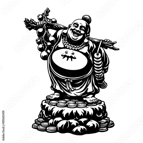 Traditional laughing buddha statue holding a sack and standing on gold coins for prosperity