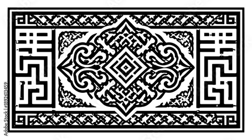 Intricate ornamental pattern featuring geometric and floral motifs in a decorative rectangular frame