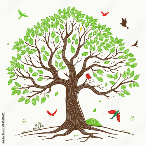 Vibrant tree with birds and leaves