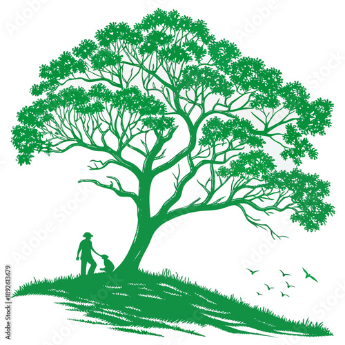 Person walking dog under large tree