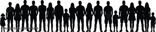 Diverse group of people silhouettes standing together, unity and community concept, adults and children, black figures on white background