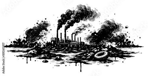 Gritty black and white industrial landscape with factory smoke and garbage landfill