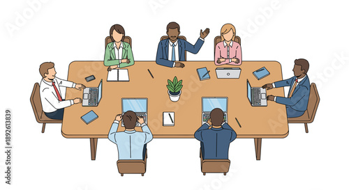 Overhead View of Business Meeting Around Conference Table Professionals Using Laptops and Taking Notes