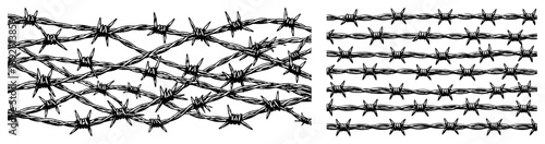 Detailed black and white vector set of barbed wire borders and patterns